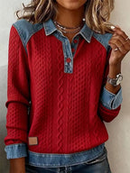 ZOFIA ATELIER red cable knit shirt with denim collar, cuffs, and hem. Patchwork design.