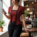 ZOFIA ATELIER deep red faux two-piece cardigan with black trim, short sleeves, and slim fit. Made of spandex.