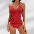 ZOFIA ATELIER red halter tie swim set with gold hardware detail and ruched sides.