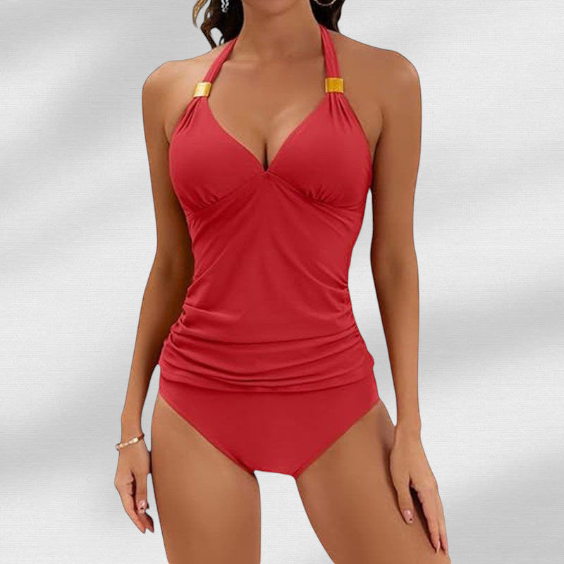 ZOFIA ATELIER red halter tie swim set with gold hardware detail and ruched sides.