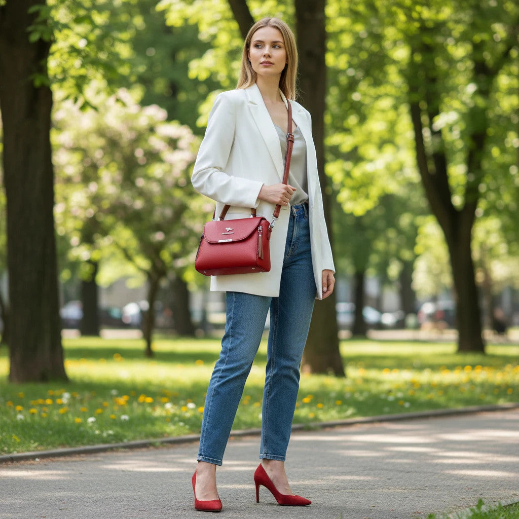ZOFIA ATELIER red genuine leather crossbody shoulder bag with top handle and tassel detail, worn by a model in a park.