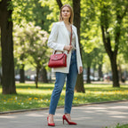 ZOFIA ATELIER red genuine leather crossbody shoulder bag with top handle and tassel detail, worn by a model in a park.
