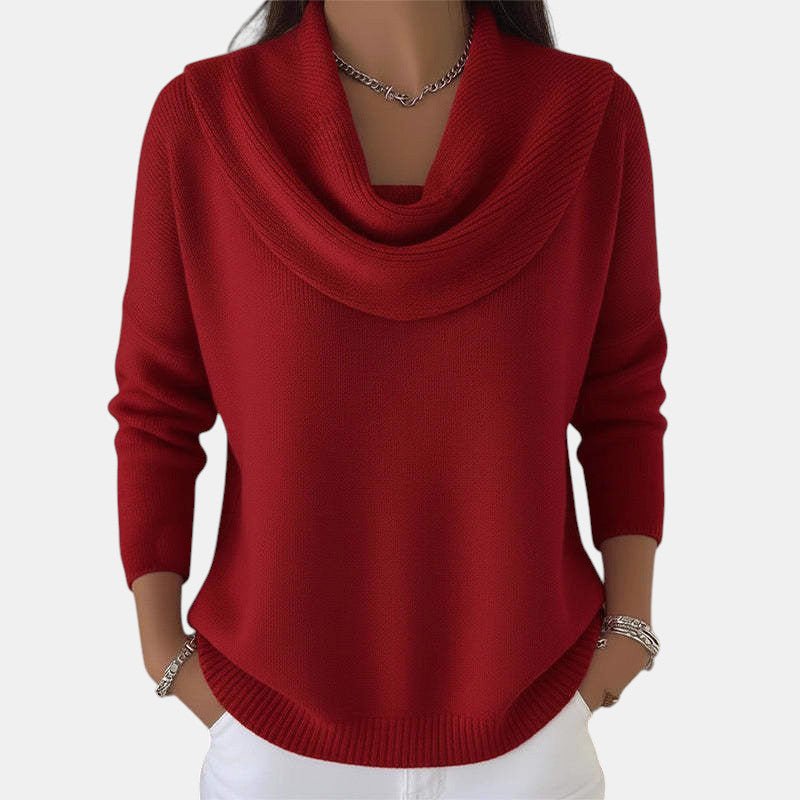 ZOFIA ATELIER solid red long sleeve polyester sweater with cowl neck and loose fit