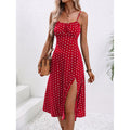 ZOFIA ATELIER red polka dot polyester midi dress with spaghetti straps and high slit