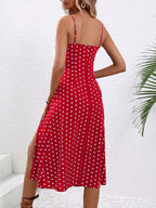 ZOFIA ATELIER red polka dot polyester midi dress with spaghetti straps and a high slit
