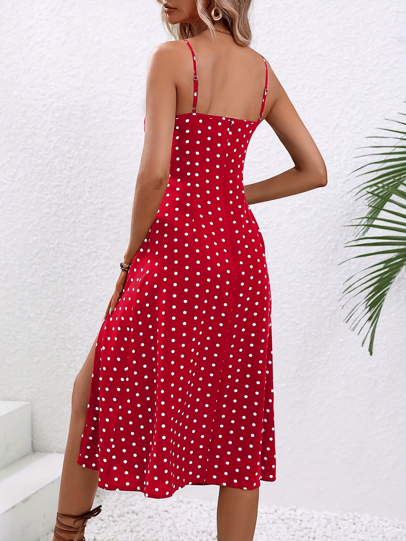 ZOFIA ATELIER red polka dot polyester midi dress with spaghetti straps and a high slit