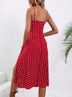 ZOFIA ATELIER red polka dot polyester midi dress with spaghetti straps and a high slit