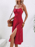 ZOFIA ATELIER red polka dot polyester midi dress with spaghetti straps and a high slit