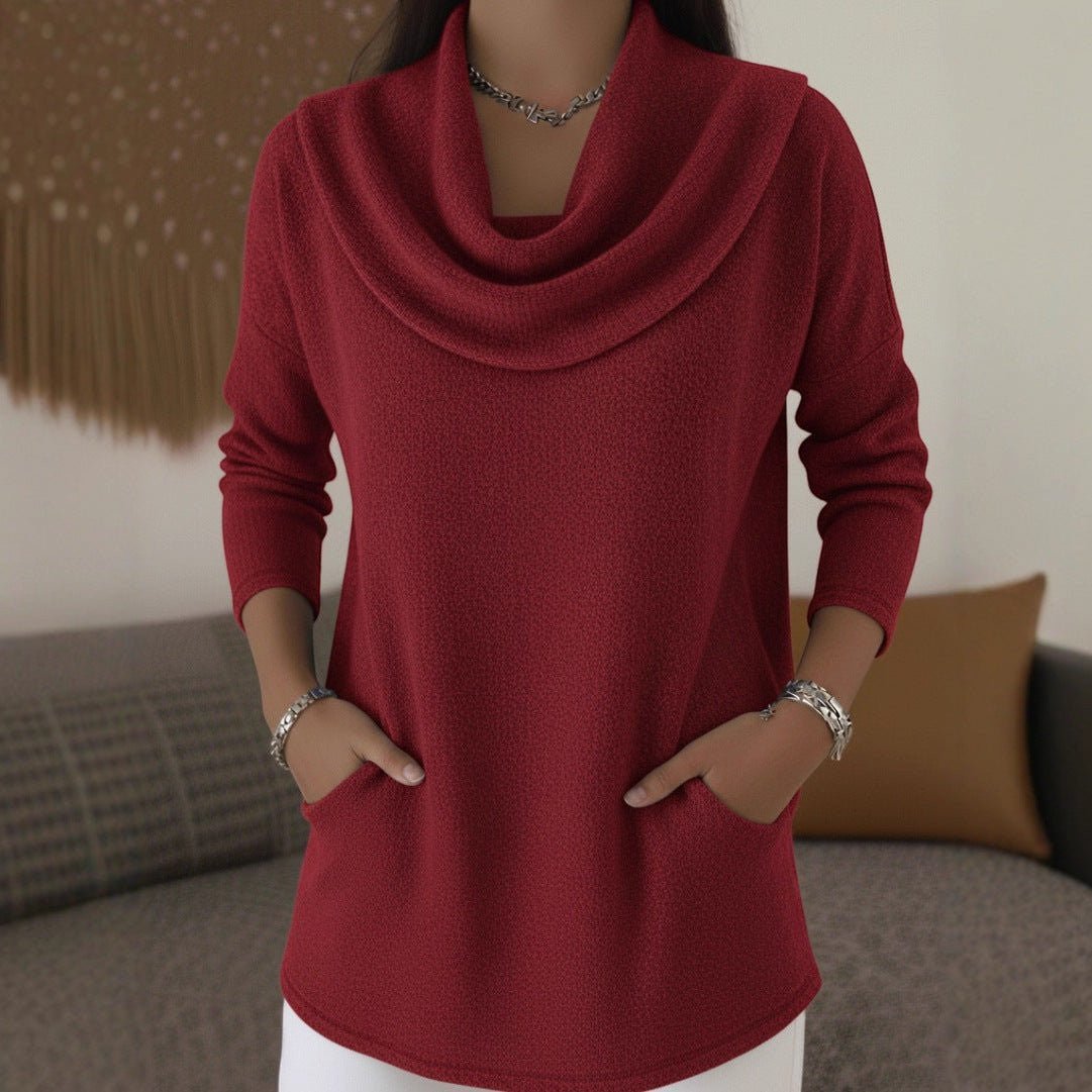 ZOFIA ATELIER red long sleeve polyester pullover with cowl neck and front pockets.