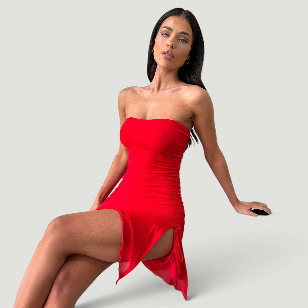 ZOFIA ATELIER red ruched tube mini dress with a high slit and sheer overlay, sleeveless, Y2K style.