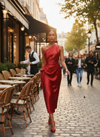 ZOFIA ATELIER red satin one-shoulder waist-cinching midi dress with draped detailing. Model is walking on a cobblestone street.