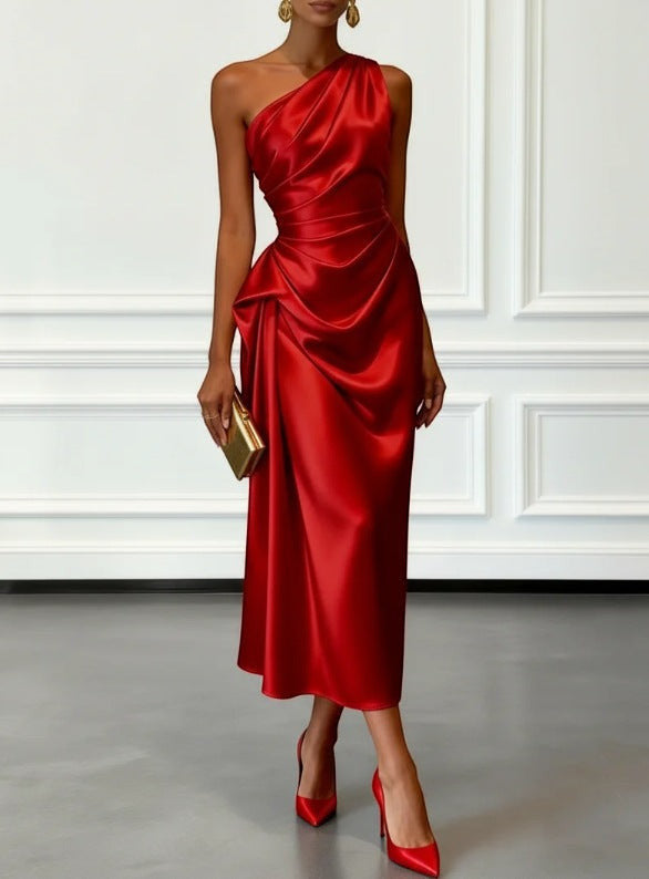ZOFIA ATELIER red satin one-shoulder midi dress with waist-cinching detail and flowing skirt.