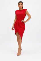 ZOFIA ATELIER red sleeveless asymmetric polyester dress with draped tulip skirt and padded shoulders.