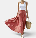 ZOFIA ATELIER red and white striped ankle-length polyester skirt with button front and pockets