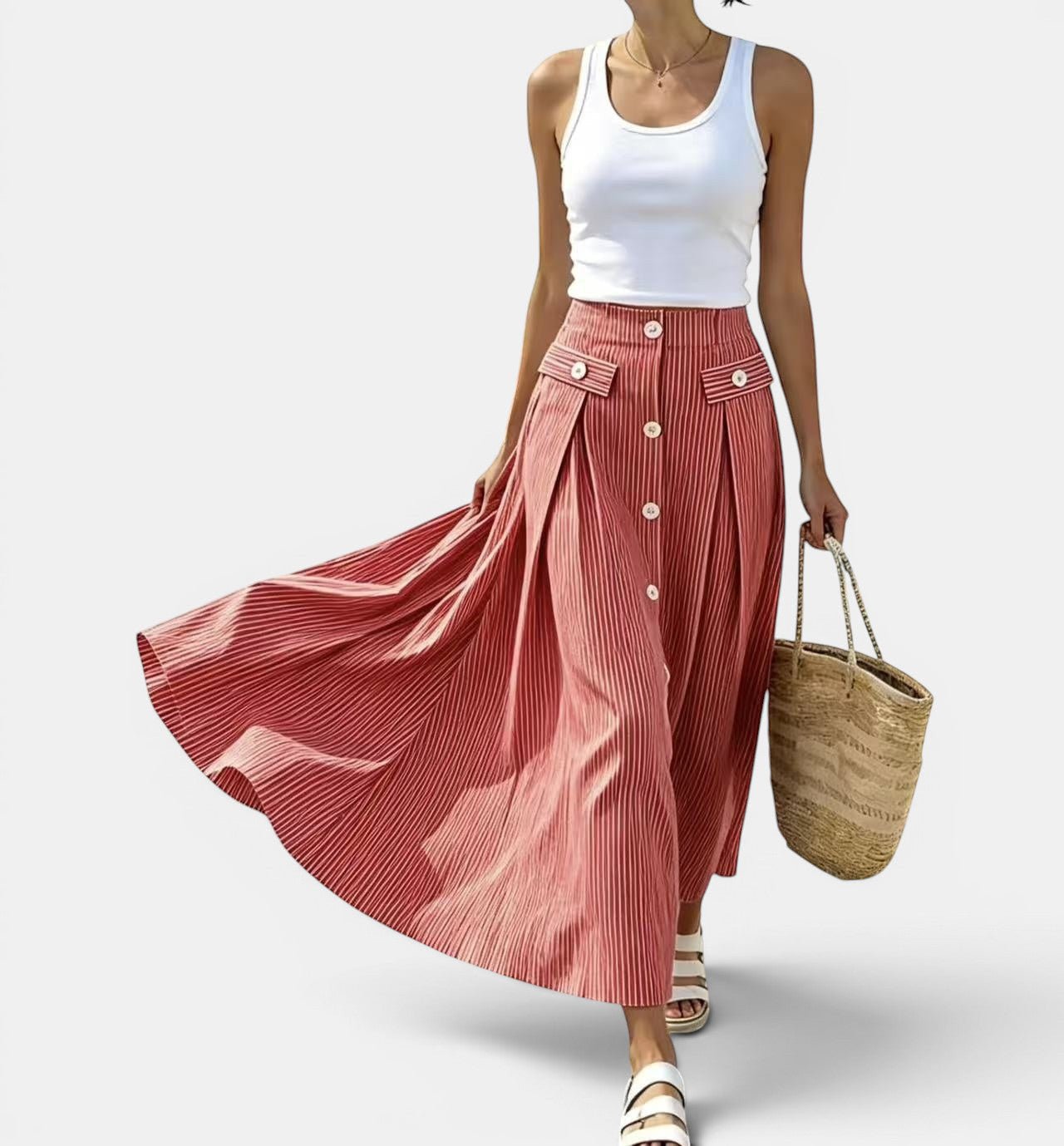 ZOFIA ATELIER red and white striped ankle-length polyester skirt with button front and pockets