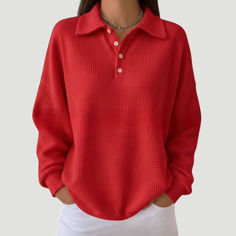 ZOFIA ATELIER red waffle knit polo shirt with lapel and button detail, relaxed fit, polyester