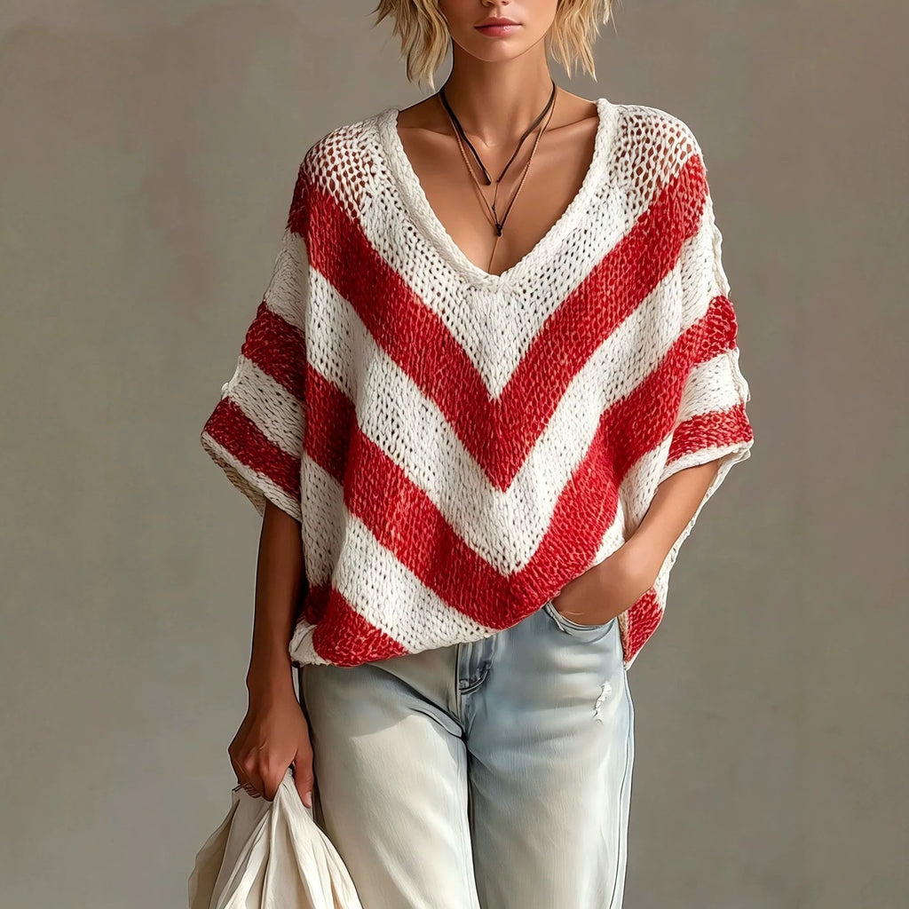 ZOFIA ATELIER red and white chevron V-neck loose-knit sweater with drop shoulder sleeves.