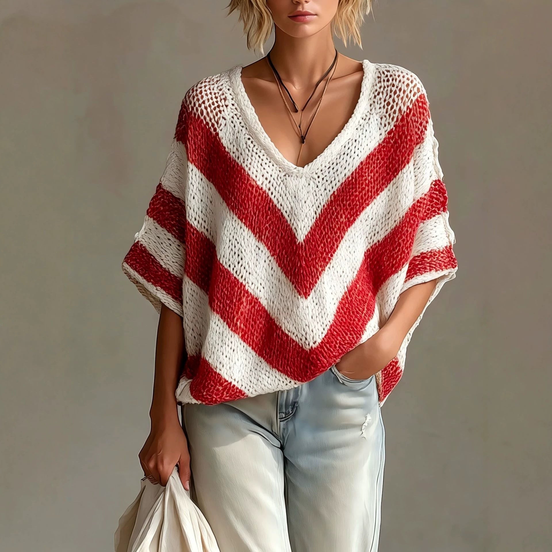ZOFIA ATELIER red and white chevron V-neck loose-knit sweater with drop shoulder sleeves.