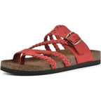 Red sandal with braided straps and a buckle on a white background