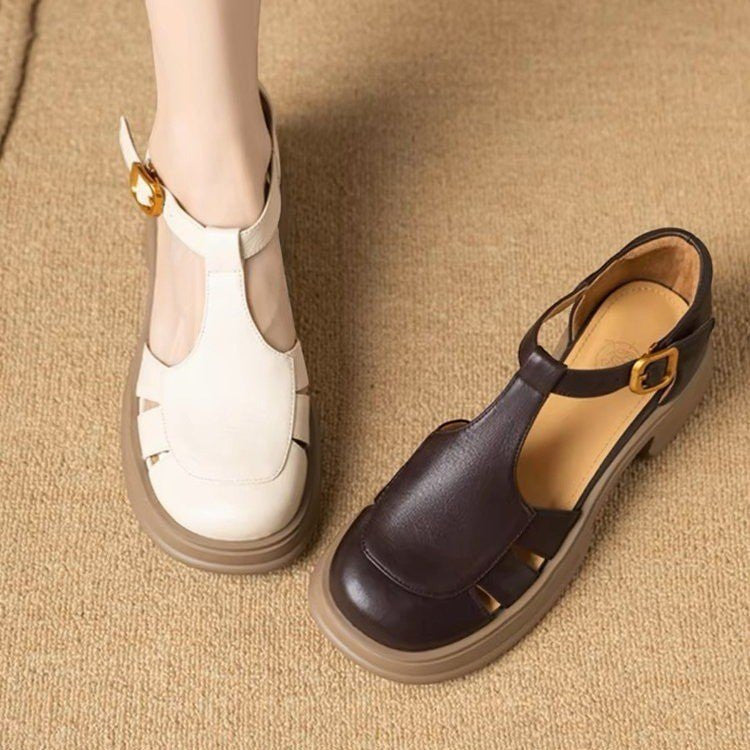 ZOFIA ATELIER beige and dark brown PU leather retro chunky heel sandals with buckle closure and round toe.