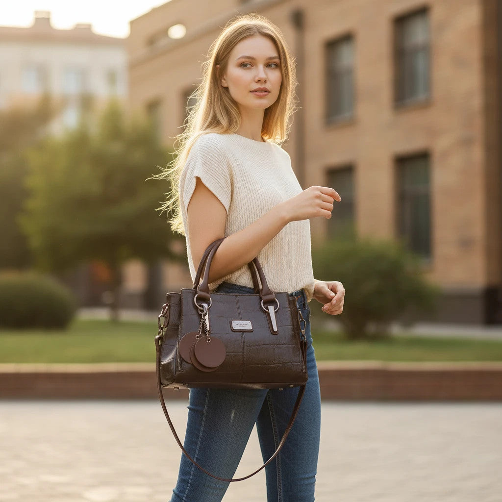 ZOFIA ATELIER Helena Retro Contrast Bag in vintage brown PU leather with silver hardware and circular bag charms.