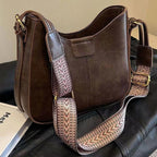 ZOFIA ATELIER Agnieszka retro crossbody bag in dark brown corduroy with a patterned strap and patchwork stitching.