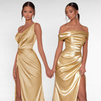 ZOFIA ATELIER Roksana gold satin woven dress with one-shoulder and off-shoulder necklines, ruched detailing, and high slits.