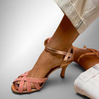 ZOFIA ATELIER rose gold and pink peep toe sandals with ankle strap and woven detail.