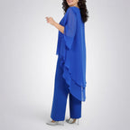 ZOFIA ATELIER royal blue flowy chiffon ensemble with wide-leg pants and layered asymmetrical hem top.