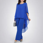 ZOFIA ATELIER royal blue flowy chiffon ensemble with loose-fitting top and ankle-length pants, solid color, pockets.