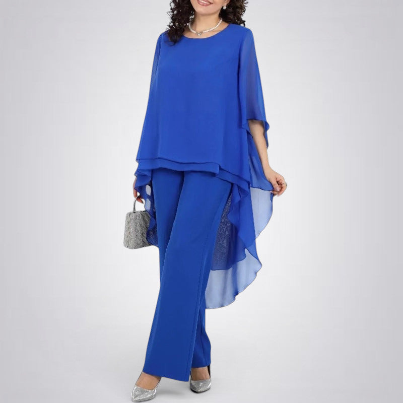 ZOFIA ATELIER royal blue flowy chiffon ensemble with loose-fitting top and ankle-length pants, solid color, pockets.