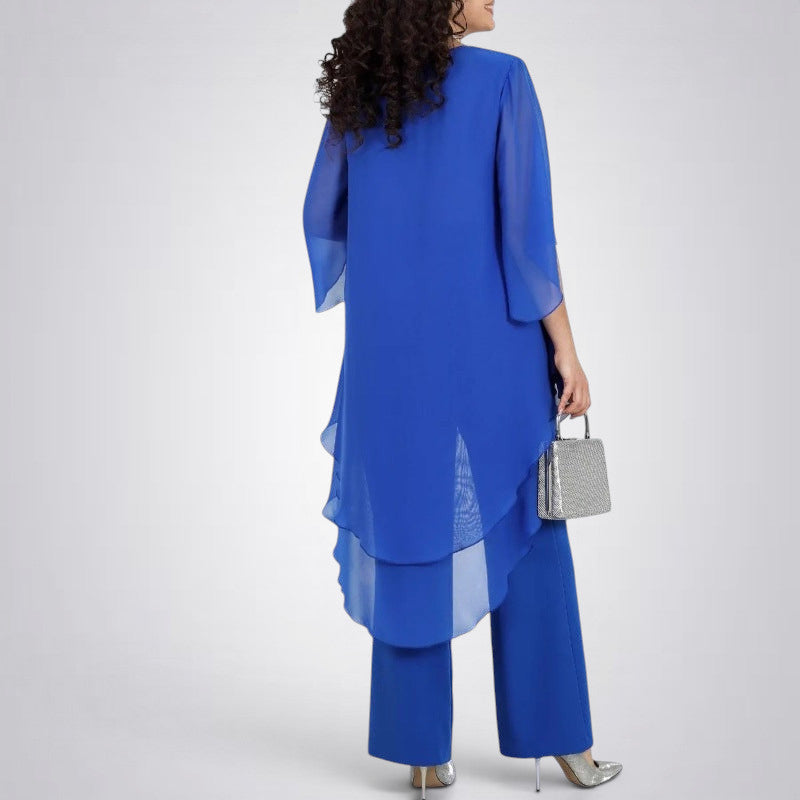 ZOFIA ATELIER royal blue flowy chiffon ensemble with wide-leg pants and a layered tunic top.