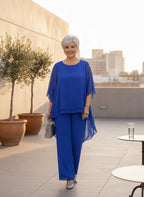 ZOFIA ATELIER royal blue flowy chiffon ensemble with loose-fitting top and ankle-length pants. Polyester.
