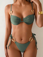 ZOFIA ATELIER olive green ruched split bikini with gold hardware details. Features adjustable tie sides and a flattering silhouette.
