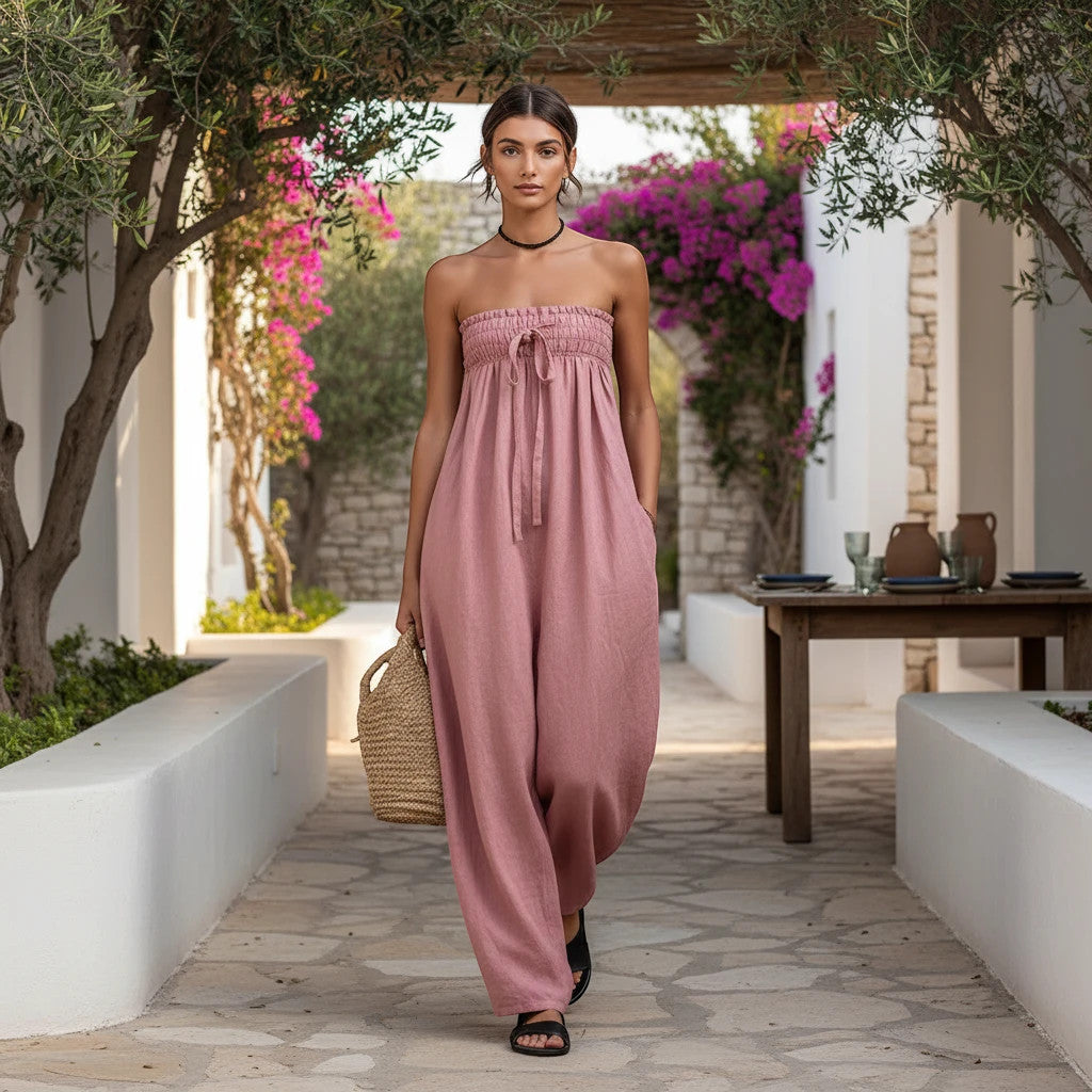 ZOFIA ATELIER dusty rose ruched strapless polyester jumpsuit with tie detail and wide legs