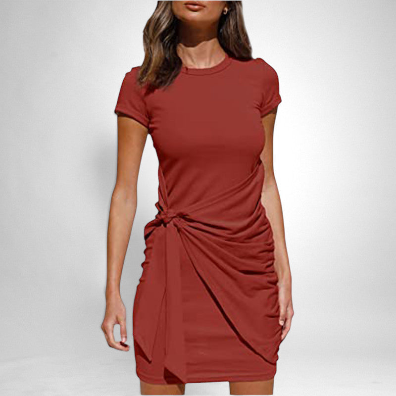 ZOFIA ATELIER rust red short sleeve ruched tie waist mini dress. Cotton blend fabric.