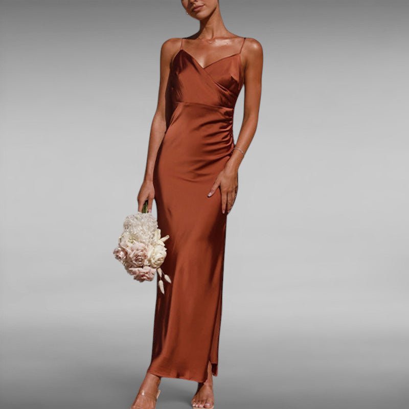 ZOFIA ATELIER rust-colored satin slip dress with spaghetti straps and a high slit, perfect for evening wear.