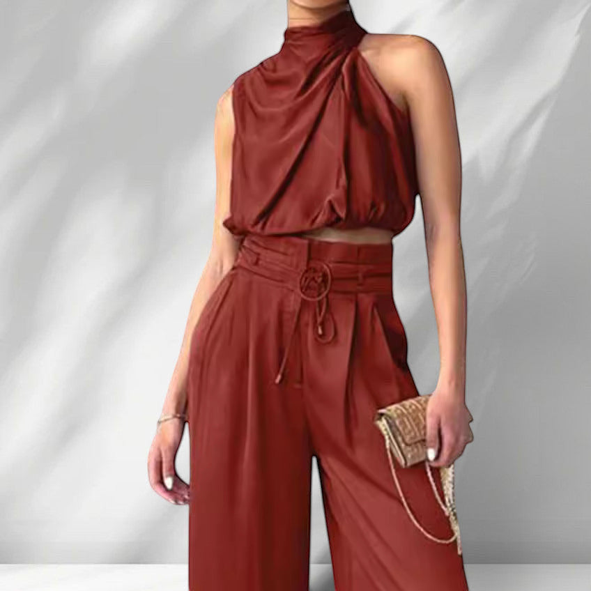 ZOFIA ATELIER rust-colored sleeveless halter neck crop top with wide-leg trousers set made of regenerated cellulose fiber.