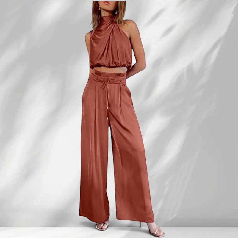 ZOFIA ATELIER rust-colored sleeveless halter crop top and wide-leg trousers set made of regenerated cellulose fiber.