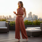 ZOFIA ATELIER rust-colored sleeveless halter crop top with wide-leg trousers, made of regenerated cellulose fiber.