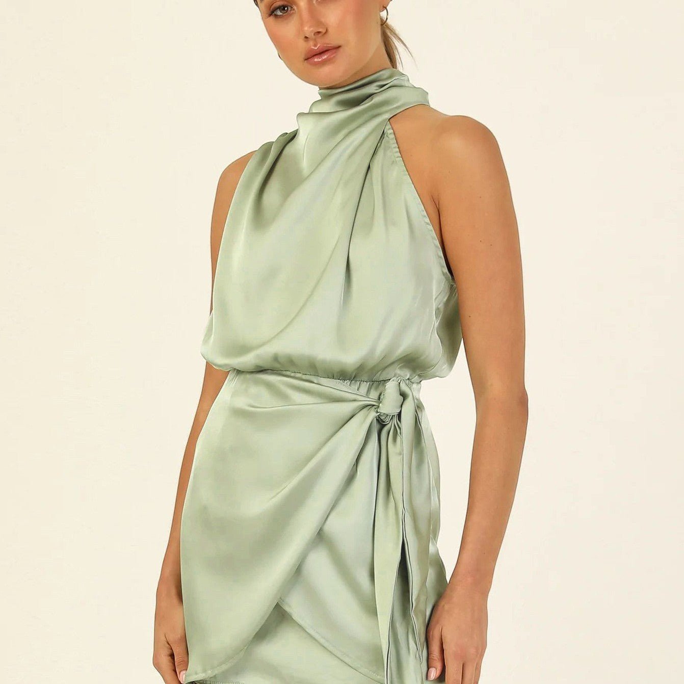 ZOFIA ATELIER sage green satin halter neck mini dress with tie waist detail