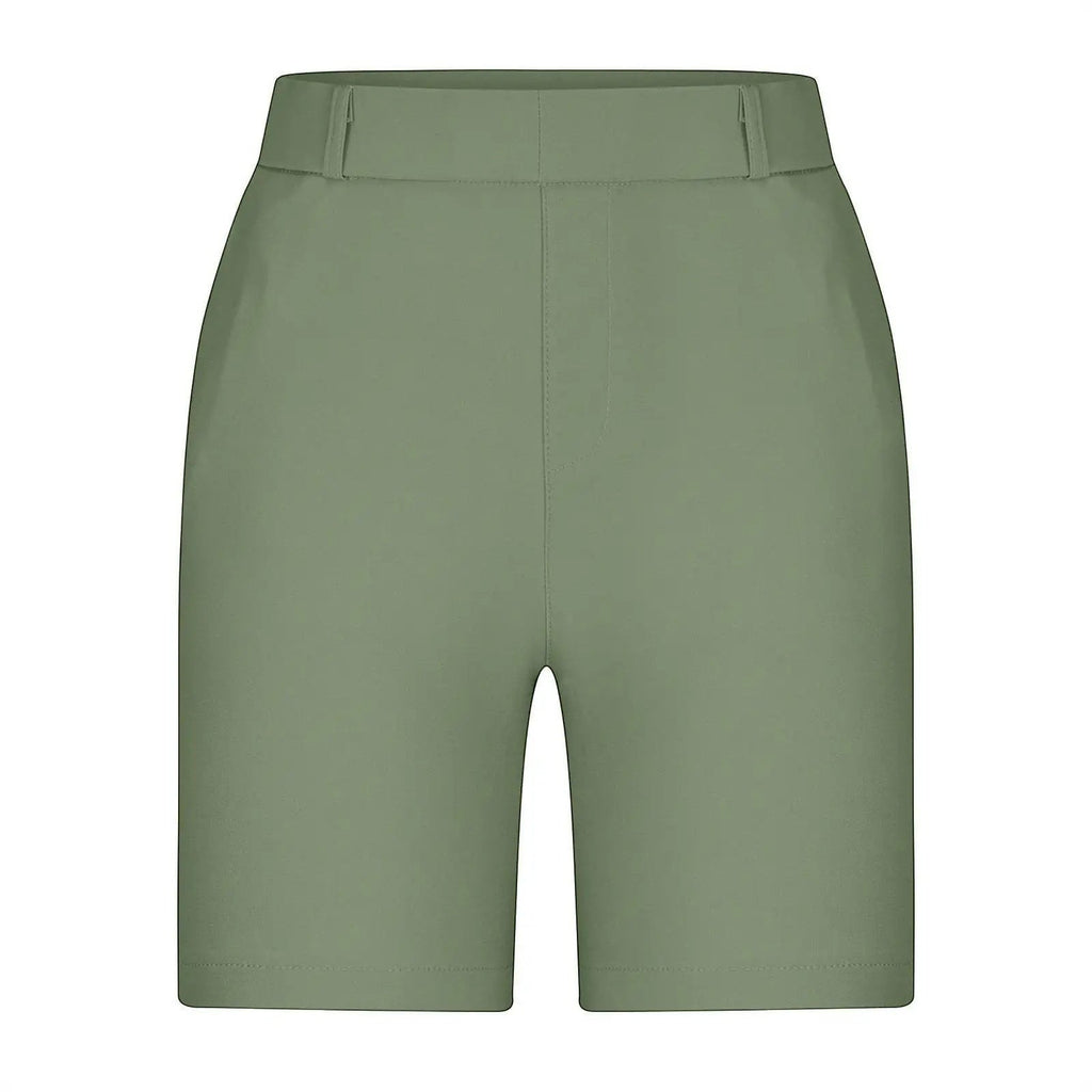 ZOFIA ATELIER sage green straight-leg summer shorts with a relaxed fit and minimalist design.