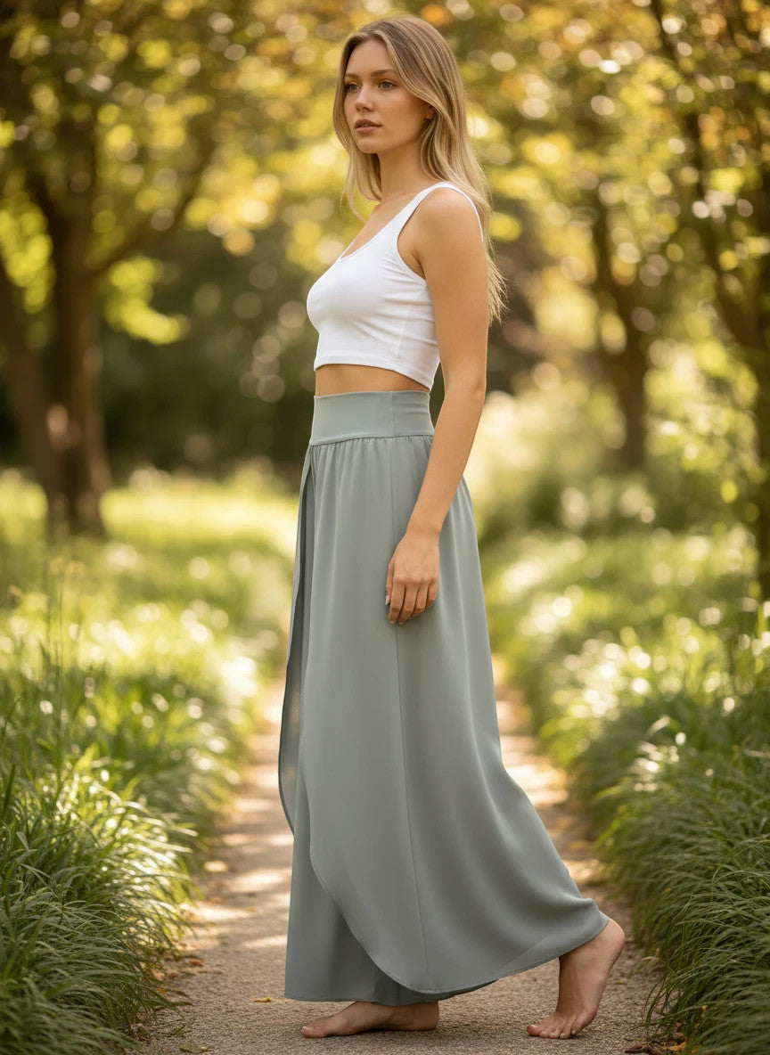 ZOFIA ATELIER light sage polyester wide-leg cropped trousers with high waist and flowy silhouette