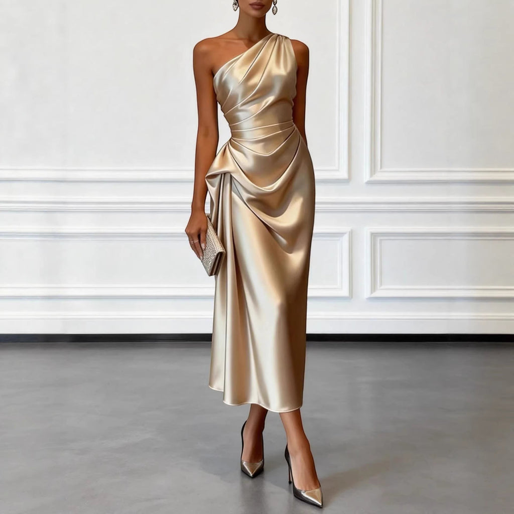 ZOFIA ATELIER champagne satin one-shoulder midi dress with waist-cinching detail and draped skirt.