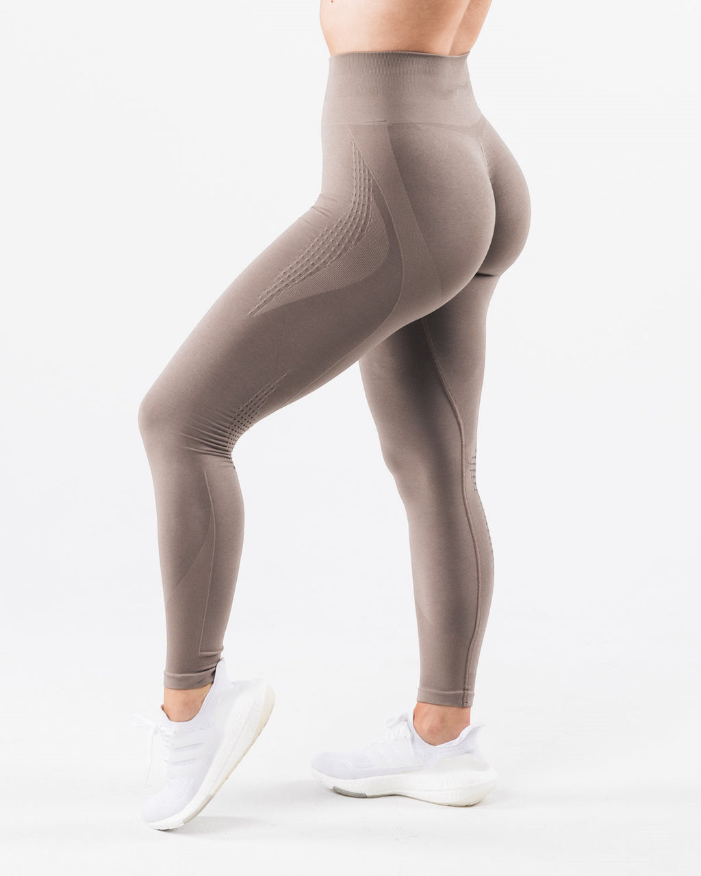ZOFIA ATELIER taupe seamless jacquard yoga pants with buttock lifting and body shaping features.