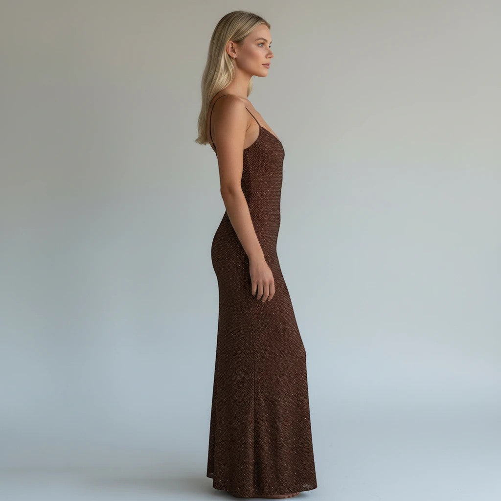 ZOFIA ATELIER shiny brown polyester camisole maxi dress with spaghetti straps and a flattering silhouette.