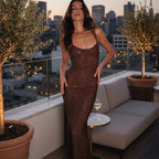 ZOFIA ATELIER ANIA shiny camisole dress in dark brown polyester with a figure-hugging fit.