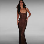 ZOFIA ATELIER ANIA shiny camisole dress in dark brown polyester with a floor-length, figure-hugging silhouette.