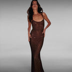 ZOFIA ATELIER ANIA shiny camisole dress in dark brown polyester with a floor-length, figure-hugging silhouette.
