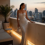 ZOFIA ATELIER ANIA shiny camisole dress in silver sequins, floor-length, figure-hugging, with spaghetti straps.